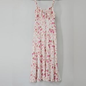 Floral Rusched-Bust Corset Waist Fit & Flare Midi Dress w Tie Front Lace-up Back